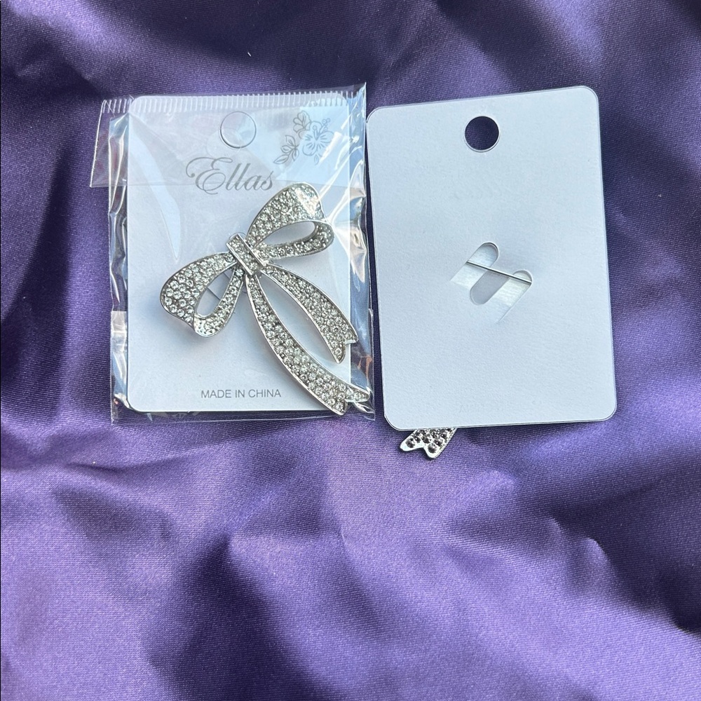 Ella Silver Crystal Bow brooch- Rhinestone Accent